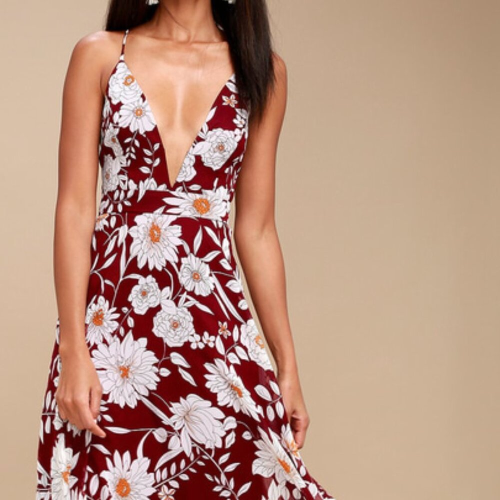 NEW! Lulu's Magic Blooms Burgundy Floral Print Backless Maxi Dress